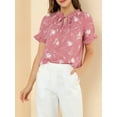 thumbnail image 6 of Allegra K Women's Floral Print Tie Neck Short Sleeves Peasant Blouse, 6 of 7