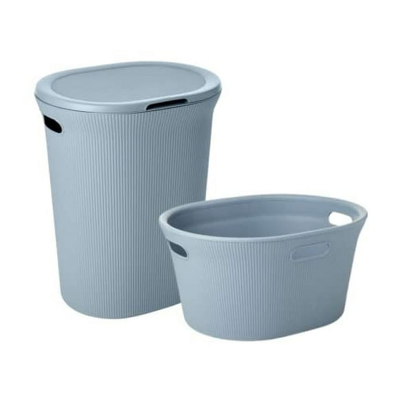 Decorative Plastic Laundry Basket & Laundry Hamper with Lid and Cut-Out Handles, Blue (Set of 2) Organzier for Bedroom Bathroom College Dorm Room - Ribbed Design