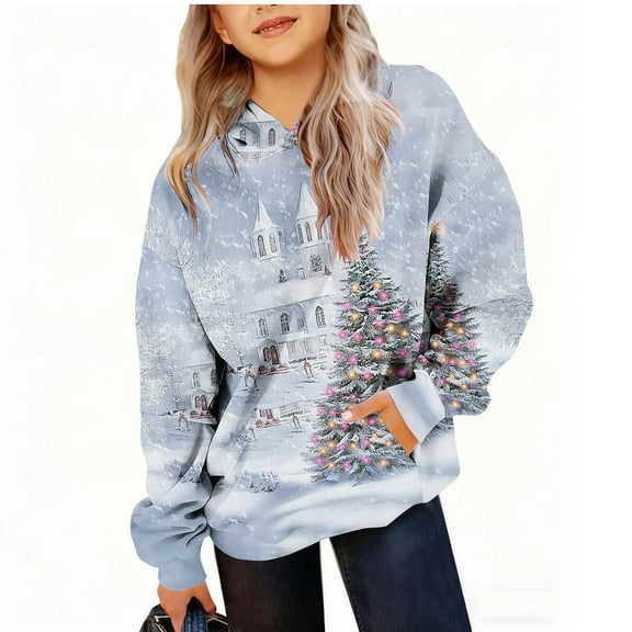 Lorytime Sweatshirts for Teen Girls with Hoodie Unisex Christmas Tree Fleece Shirt Long Sleeve Pullover Festive Tops