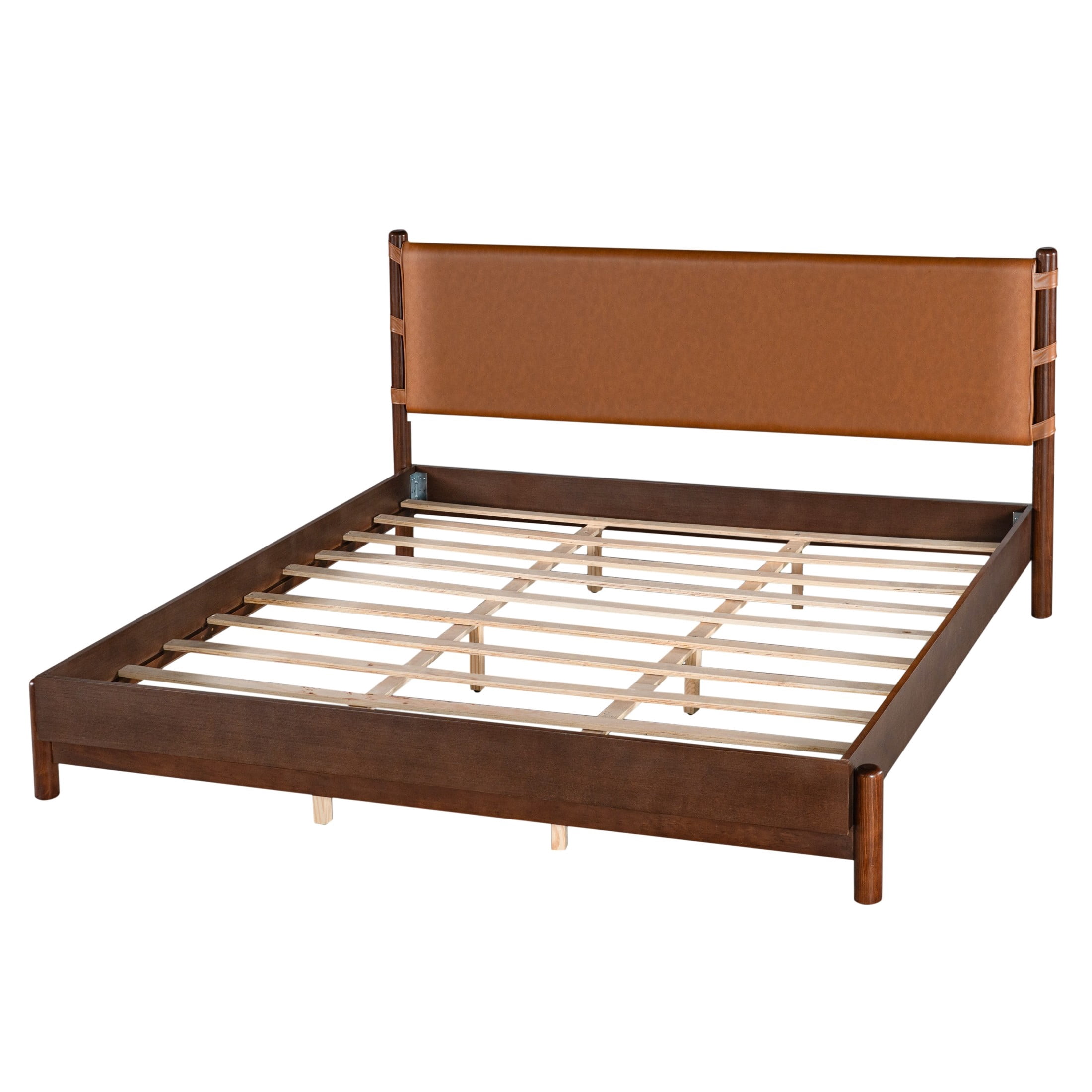 Christopher Knight Home King Modern Wood Platform Bed with PU Upholstered Headboard, Walnut+Brown