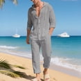 thumbnail image 2 of ZVNAΖH Men's Boho Linen 2-Piece Set Long Sleeve Hooded Button Up Shirt & Drawstring Pants Summer Beach Casual Outfit, 2 of 9