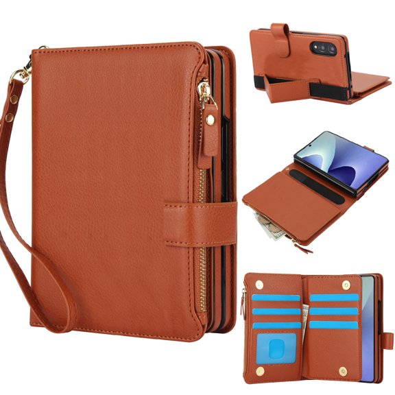 For Samsung Galaxy Z Fold8 Multifunctional Wallet Case with Zipper Pouch,RFID Blocking PU Leather,Magnetic Closure Flip Stand Purse with Pencil Holder Wrist Strap Phone Cover,Brown