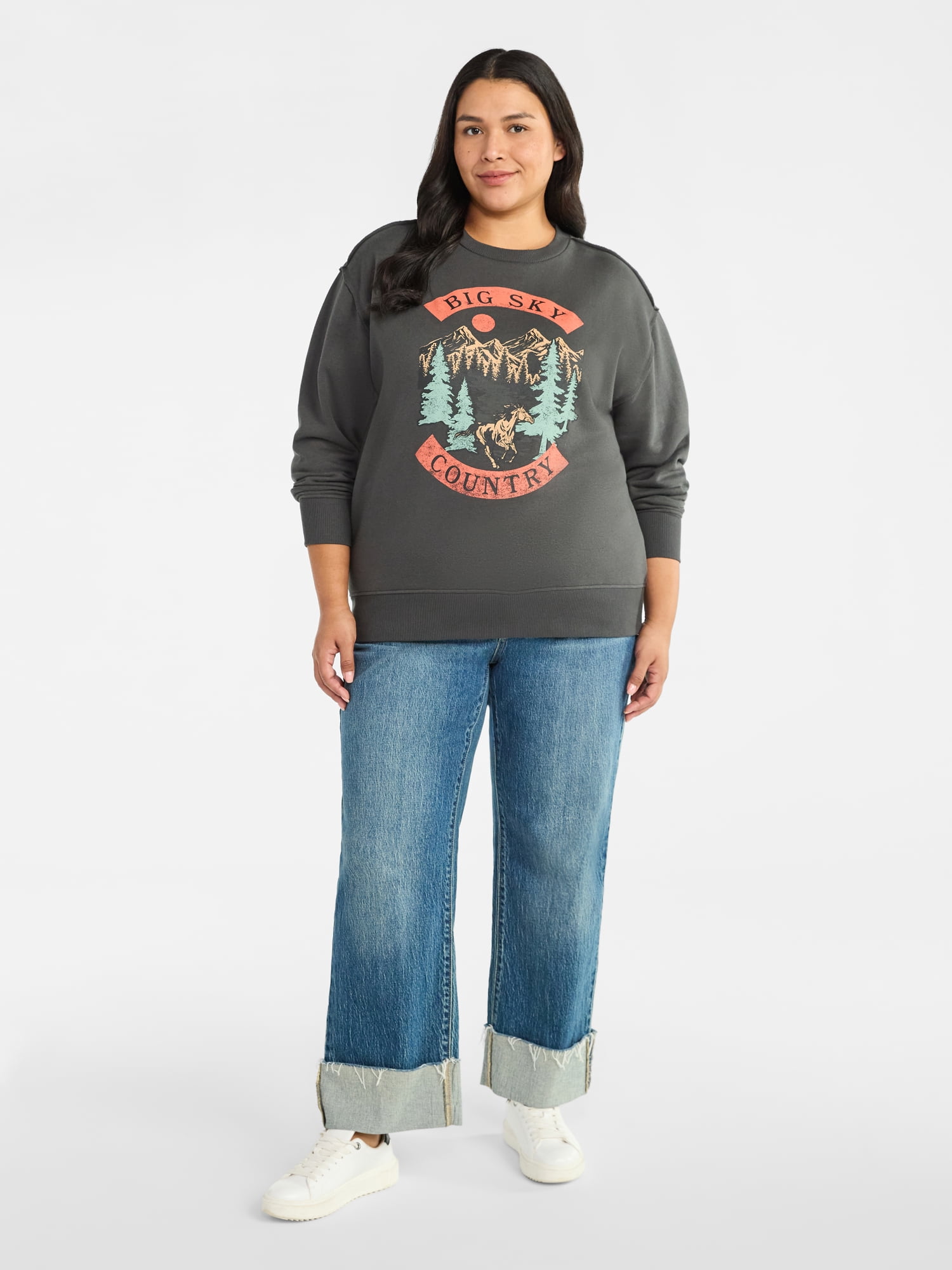 Terra & Sky Women's Plus Size Big Sky Midwest Graphic Sweatshirt with Long Sleeves, Sizes 0X-4X