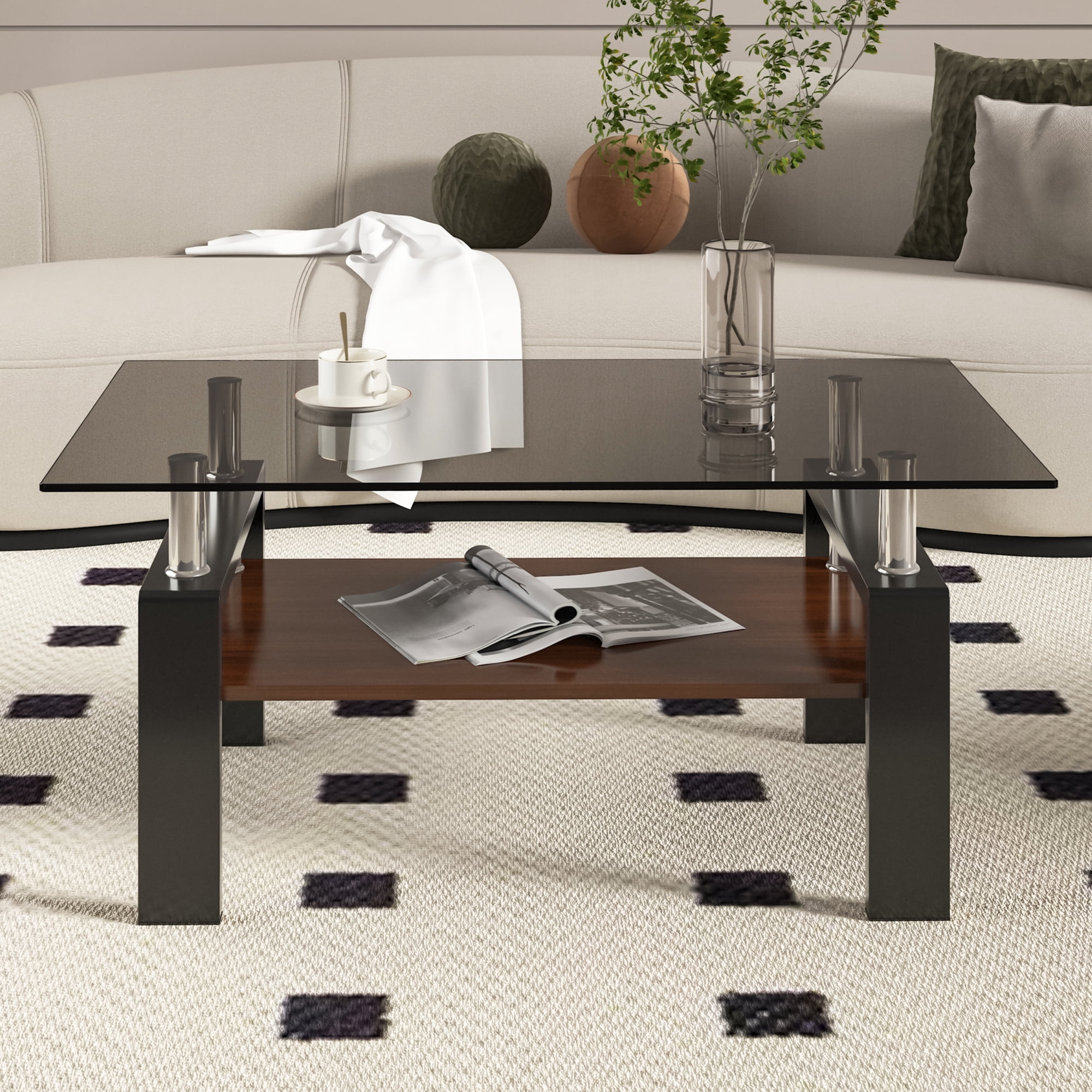 MAYEERTY Rectangle Coffee Table with Gray Tempered Glass & MDF Shelf