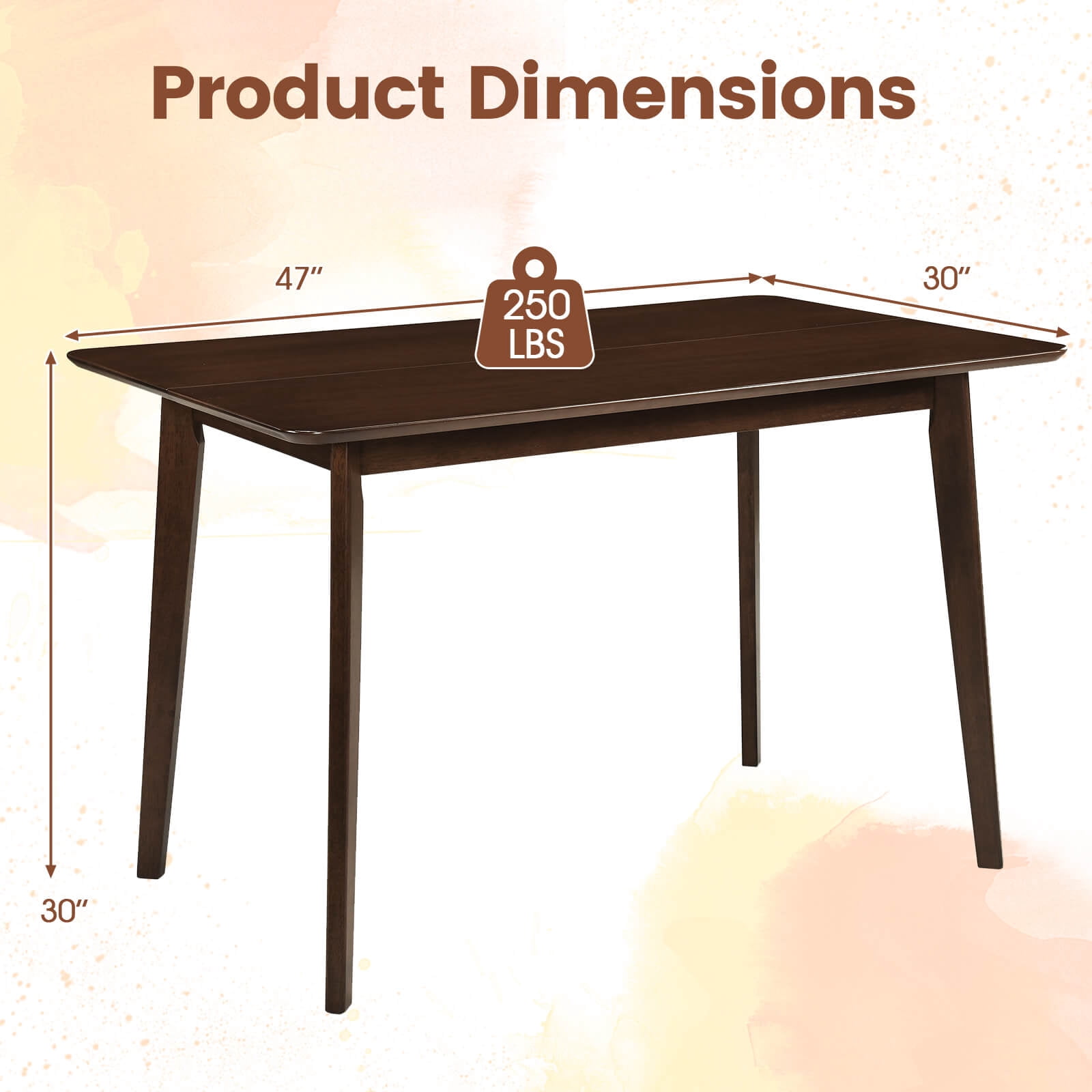 Costway Rectangle Dining Table for 4-6 People, 47” Kitchen Table wirh Rubber Wood Legs Walnut