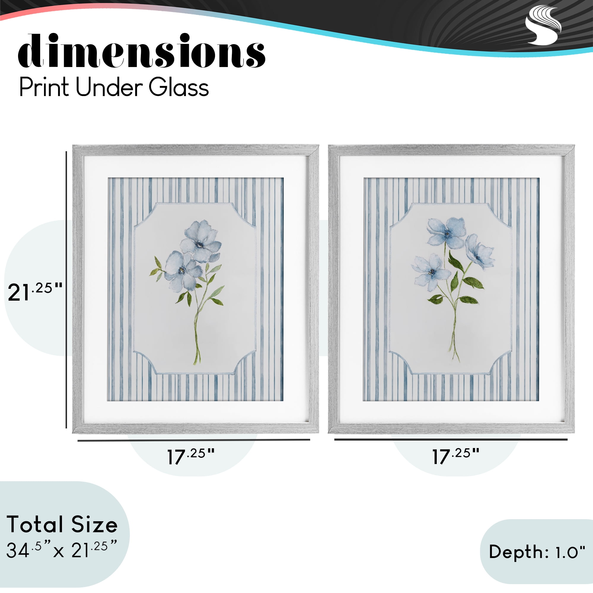 Stupell Industries Blue Blooms & Stripes 2 Piece Gray Framed Print Under Glass Set, design by Tava Studios