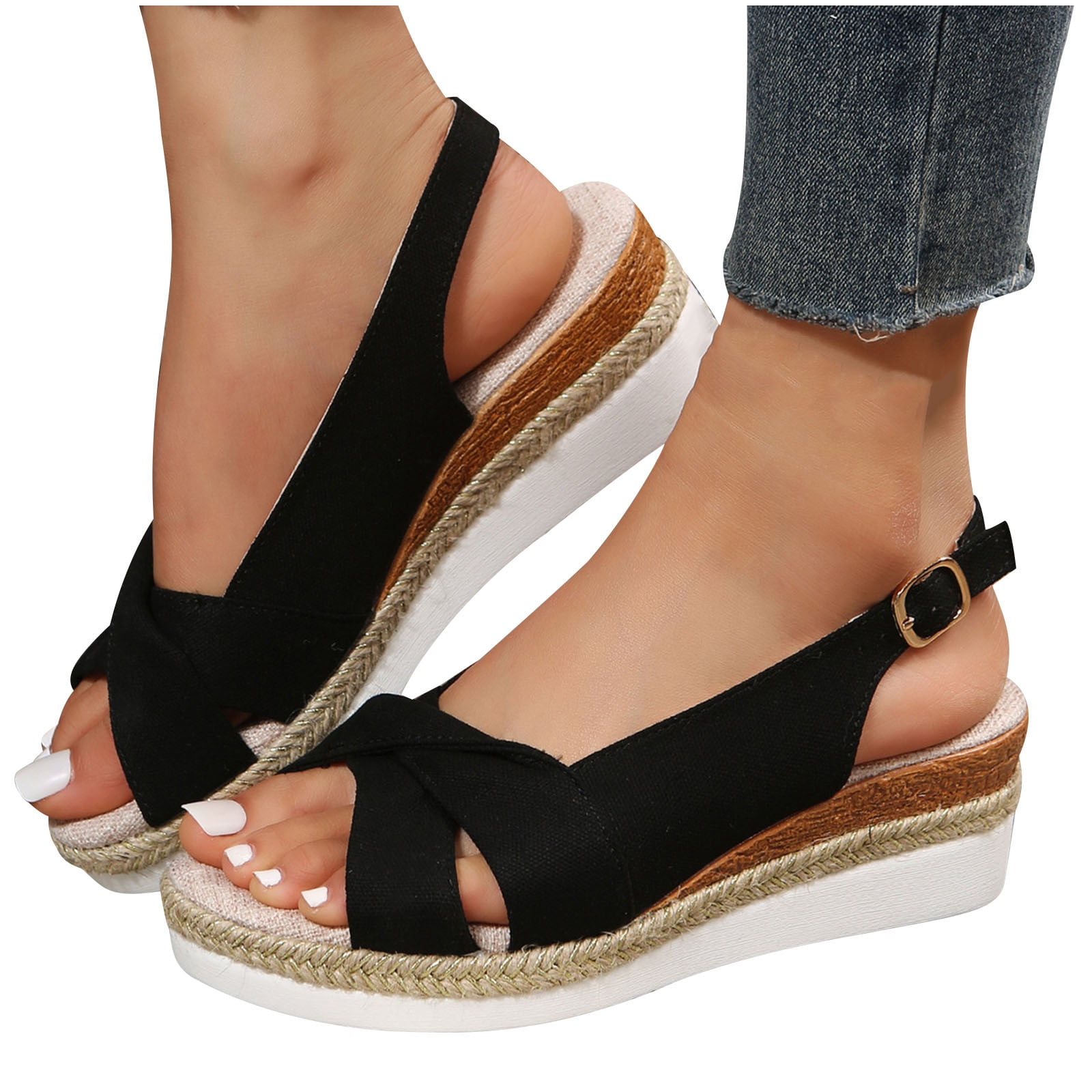 CTEEGC Summer Wedge Sandals for Women Large Size Hemp Rope Woven Outdoor Casual Slope Heel Sandals