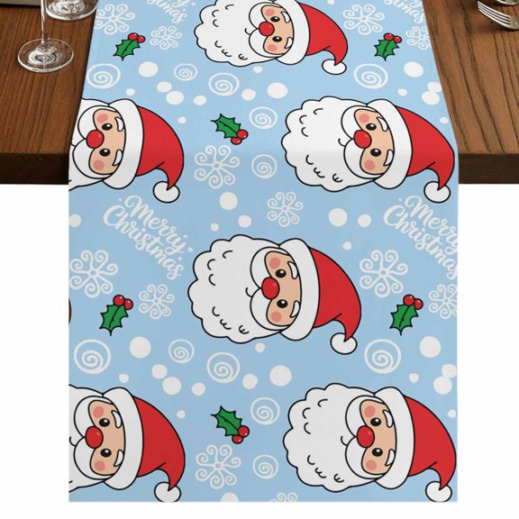 Table Runners 60 Inches Long Dress Scarves, Merry Christmas Farmhouse Kitchen/Dining Table Runner, Small Coffee Tablerunners, Santa Claus Xmas Winter Leaves Snowflake Sky Blue 13x60 Inch