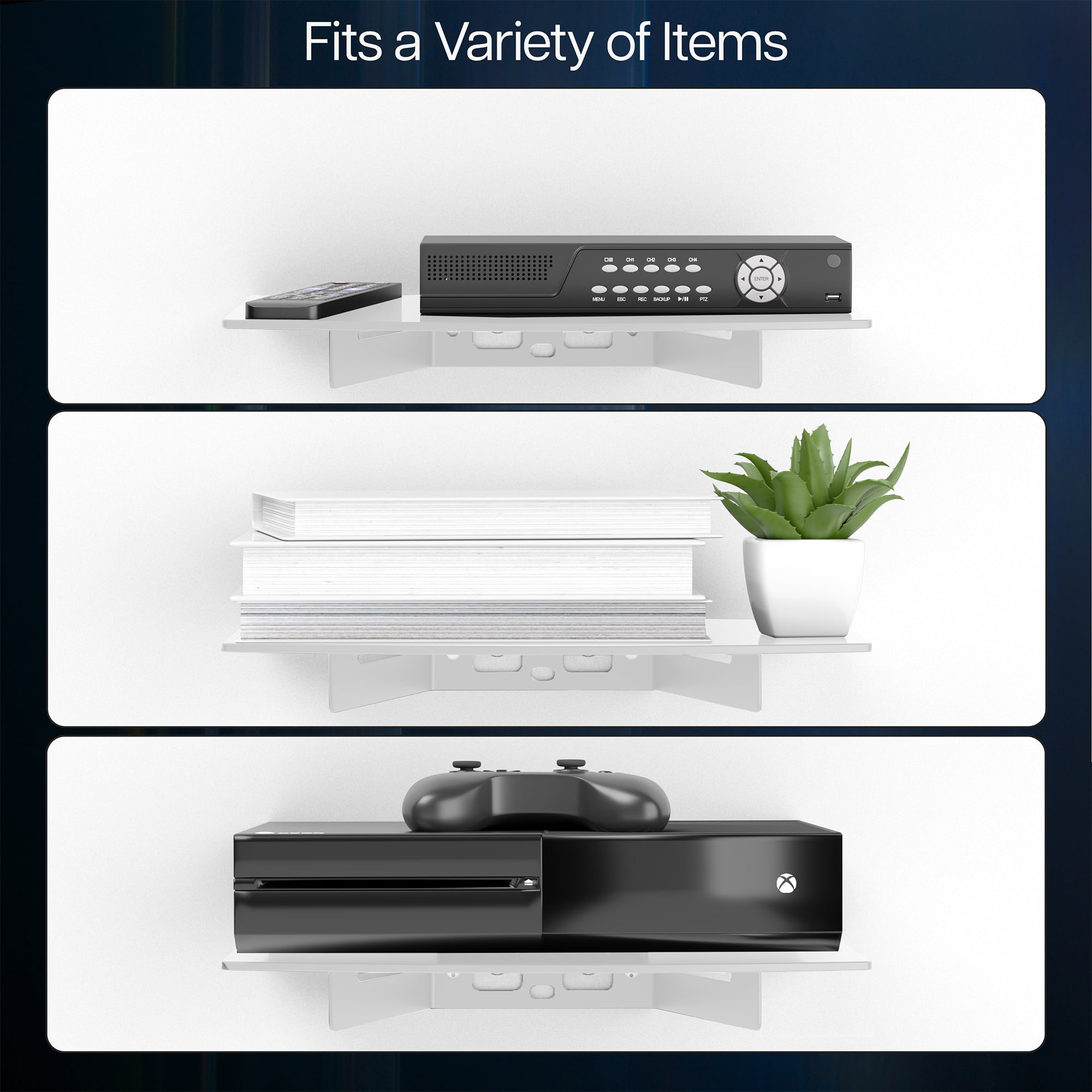 VIVO White Floating Wall Mount Tempered Glass Shelf for DVD Player, Game System