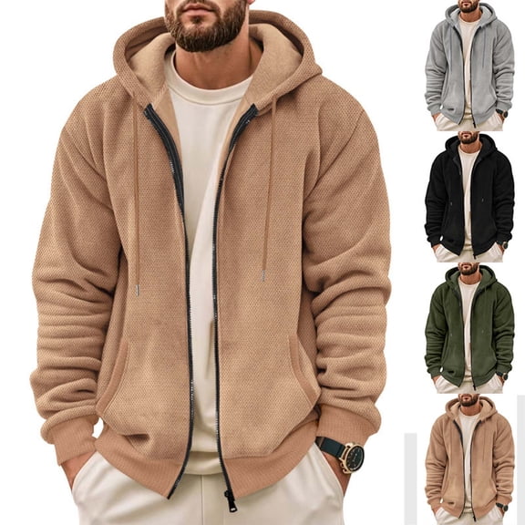 Men's Winter Zipper Hooded Fleece Sweatshirt with Patch Pocket Casual Jacket for Daily Use, Outdoor Activities, and Holiday Fun,Army Green,L