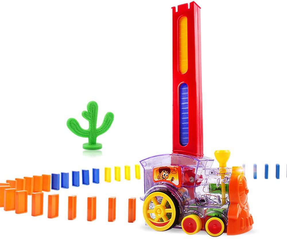 Domino Train Toy Set Electric Train Model with Light and Sound 80 Pcs Colorful Domino Game Building Blocks Car Truck Vehicle Stacking Toy for Boys and Girls