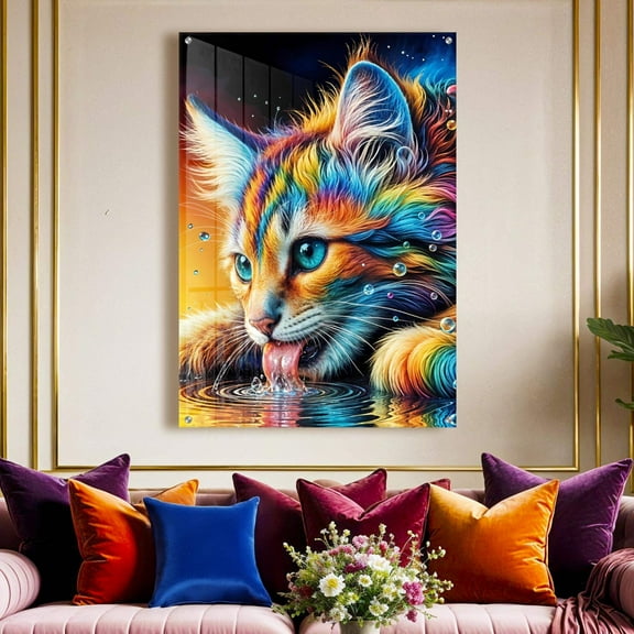 Vibrant Rainbow Cat Acrylic Wall Art Print Colorful Kitten Decor Ready To Hang