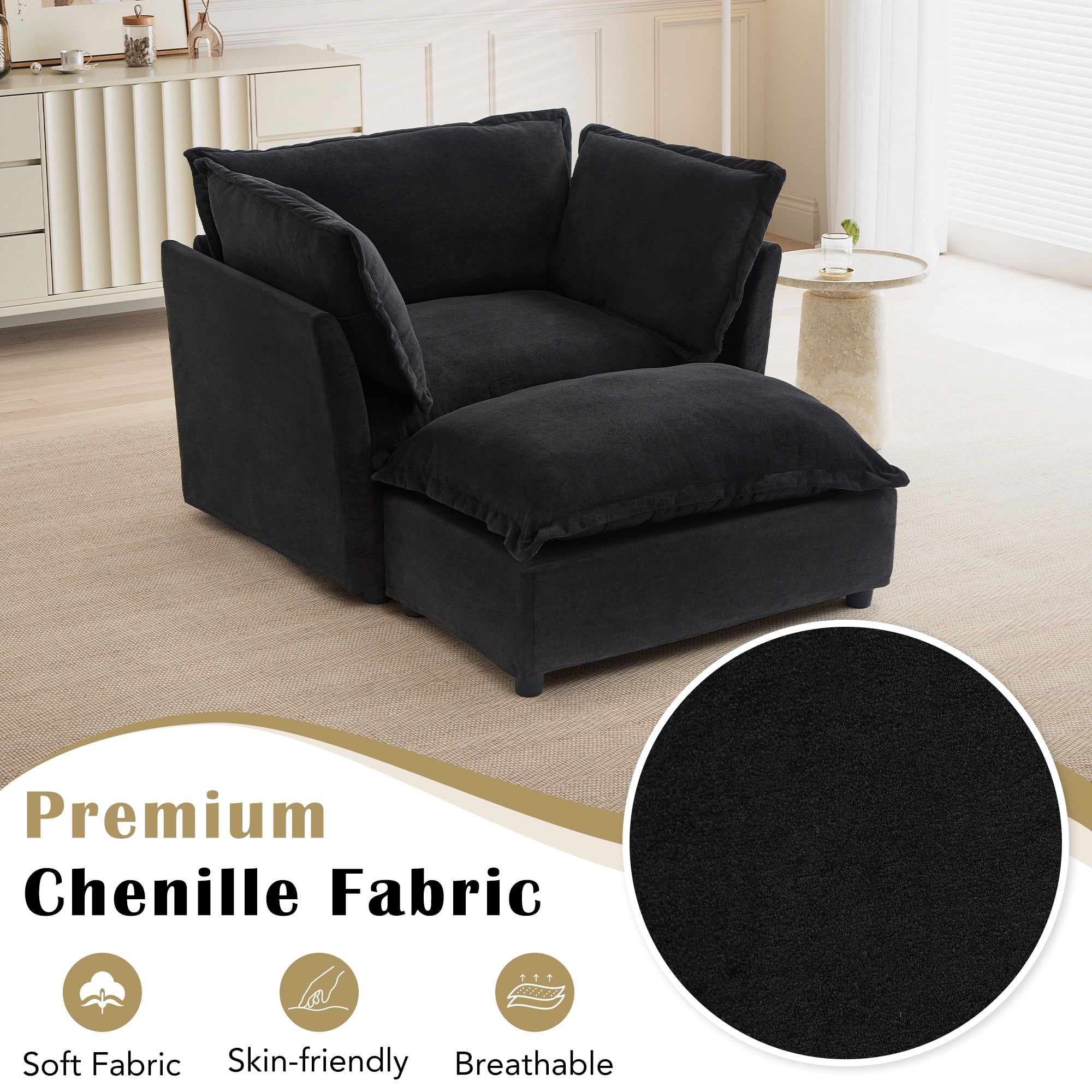 Euroco Modern Chenille Lounge Chair with Movable Ottoman, Curved Armrests & Wide Seat – Upholstered Single Sofa Set for Living Room, Bedroom, or Reading Nook