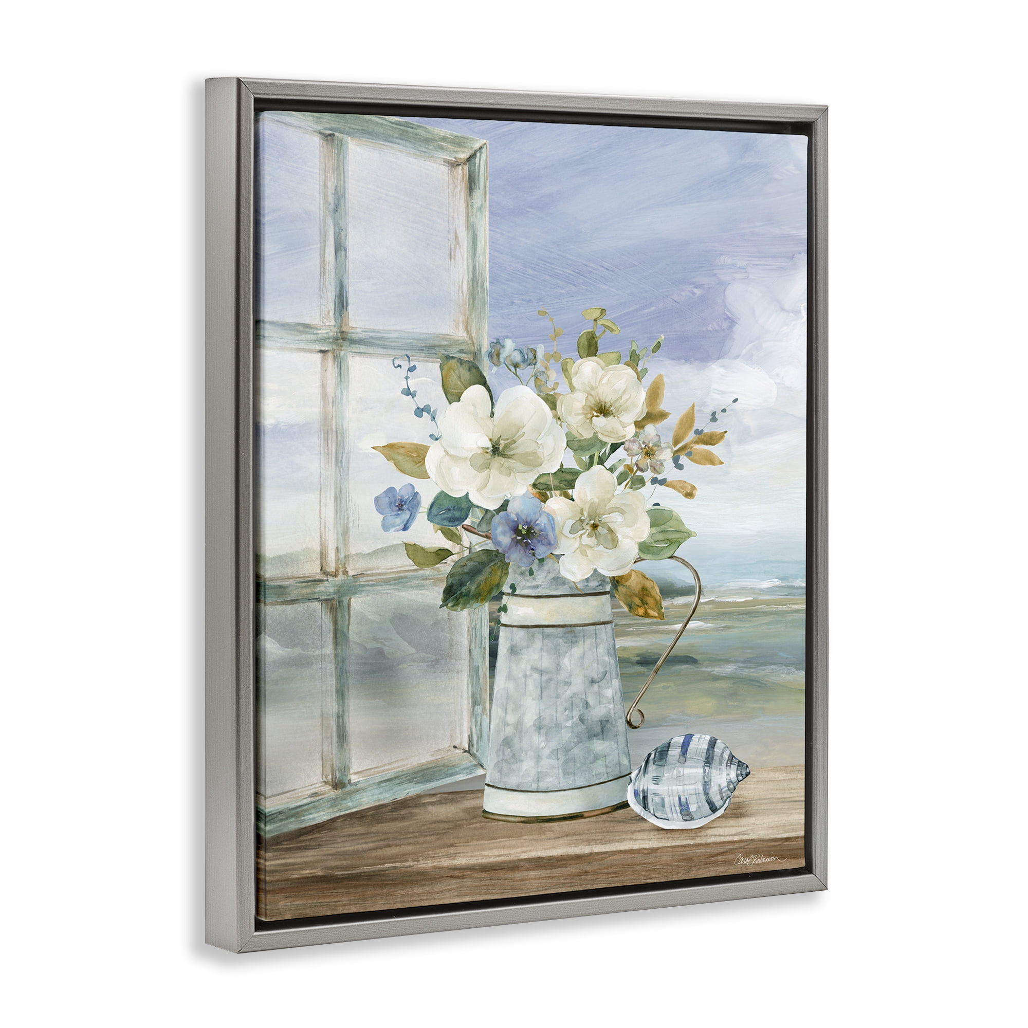 Stupell Industries Seaside Floral Bouquet Window Gray Framed Floater Canvas Wall Art, design by Carol Robinson
