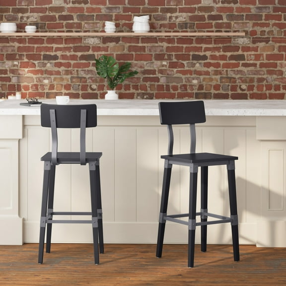 Merrick Lane Dining Bar Stool with Solid Beechwood Seat, Back, and Frame, Sturdy Metal Support, Footrest in Black - Set of 2