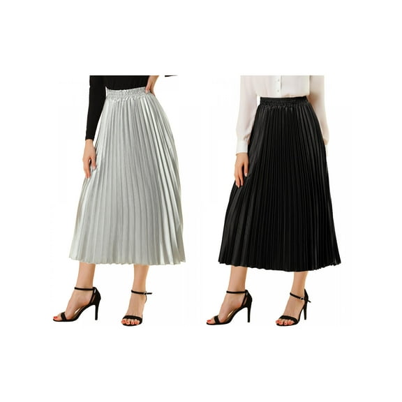 NOMADIC NOOK Women's 2 Packs Elastic Waist Metallic Shiny Accordion Pleated Midi Skirt