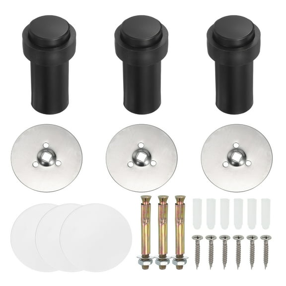 3Set Round Door Stoppers, 80mm Stainless Steel Door Stop Doorstop Wedge Metal Cylinder Self Adhesive with Screw for Bottom of Door Floor Inside, Black
