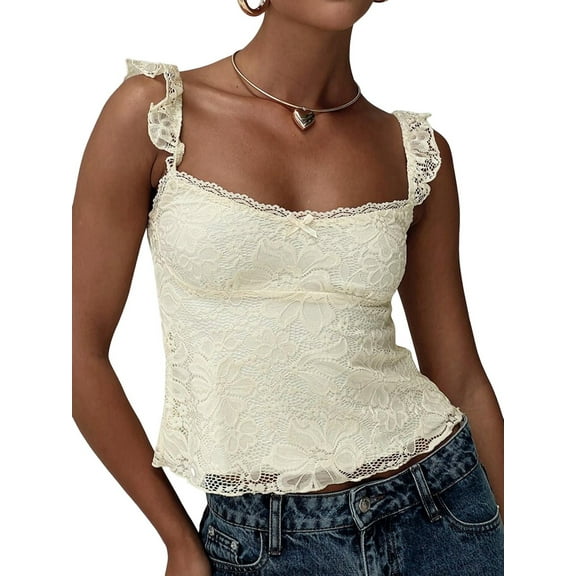 Women Lace Babydoll Tank Top Cap Sleeve See Throught Y2k Summer Going Out Crop Tops S