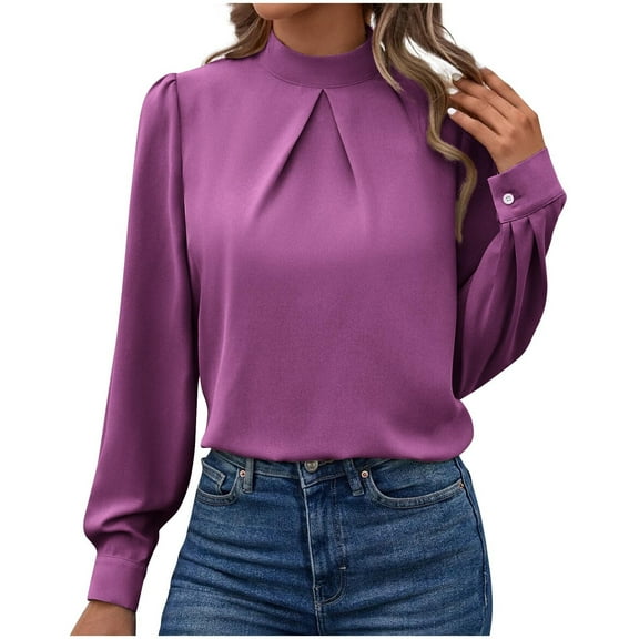 Lenpel Women's Satin Tops Dressy Casual Long Sleeve Mock Neck Pleated Business Work Shirts Loose Office Blouses(Purple,X-Large)