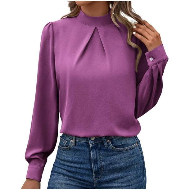 Ailaofu Long Sleeve Shirts for Women Round Neck Tops Pleated Front Blouses Dressy Casual Fall Clothes Fashion