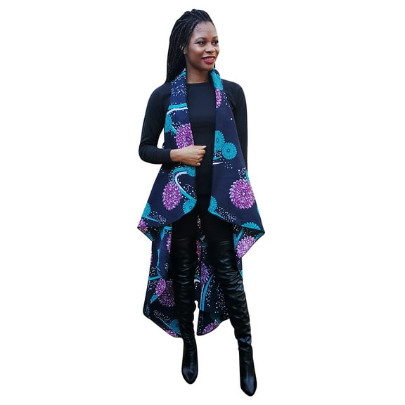 Navy Blue African Print Fashion Shawl wrap with Armholes Light-weight with Belt