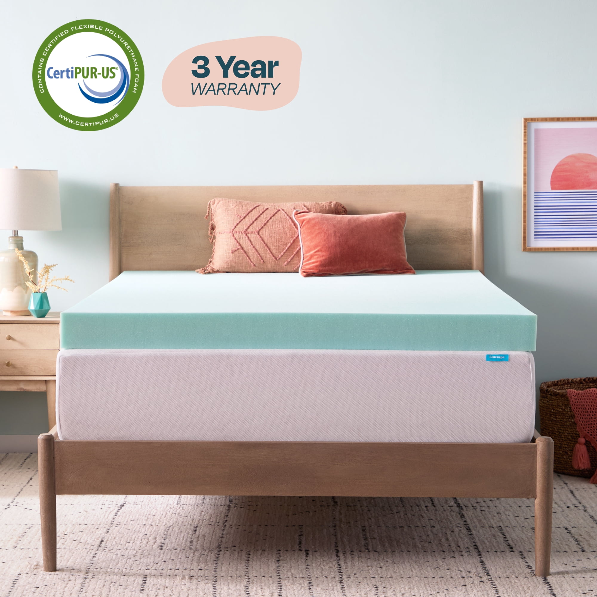 Linenspa 4" Cooling Gel and Green Tea Infused Memory Foam Mattress Topper, Twin