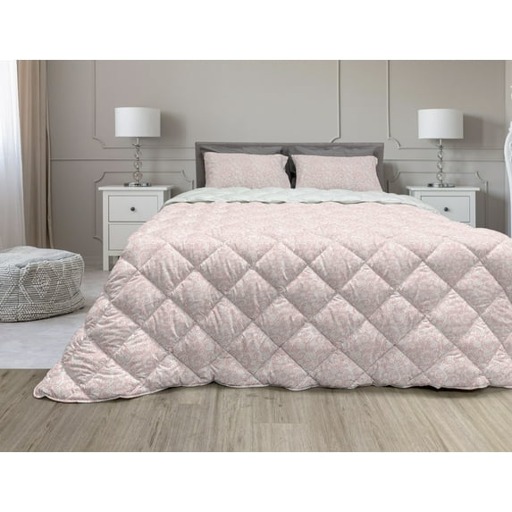 Oriental Comforter & Sham Bedding Set, Monochrome Design Repeating Pattern with Floral Hexagonal Lace Grids Motif, 3 pcs Duvet Set Microfiber Filling Quilt, 5 Sizes, Blush White, by Ambesonne