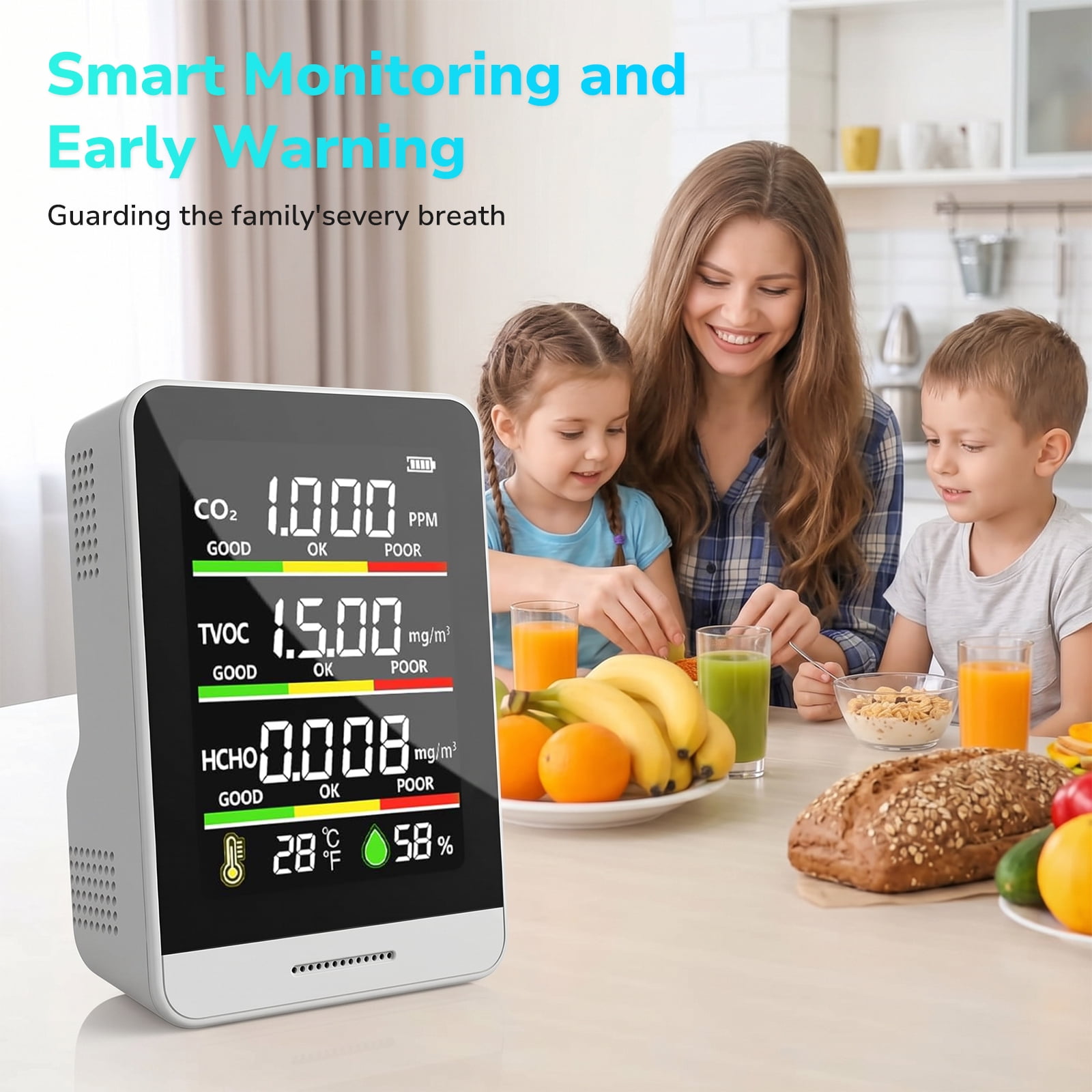 Fil-fresh 5 in 1 Air Quality Monitor Indoor with Real-Time Temp, Humidity & Clock Display Portable CO2 AQI Detector for Home, Office, Car