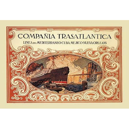 COMPAIA TRASATLANTICA Mediterranean-Cuba-Mexico-New Orleans Cruise Line poster  It shows a large cruise ship entering a city port by a bridge  Art by Enric Moneny Poster Print by Enric