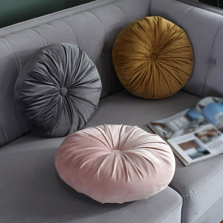Round Cushions Pillows, Solid Color Velvet Chair Sofa Pumpkin Throw Pillow  Pleated Round Pillow for Home Bed Car Decor Floor Pillow Cushion (Gray) 