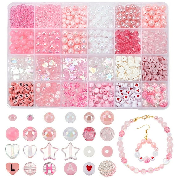 DIY Beads Jewelry Making Finding Kit Including Glass Seed & Acrylic & Polymer Clay Disc Beads Letter & Heart & Star & Round Pink 1739pcs/box Glass
