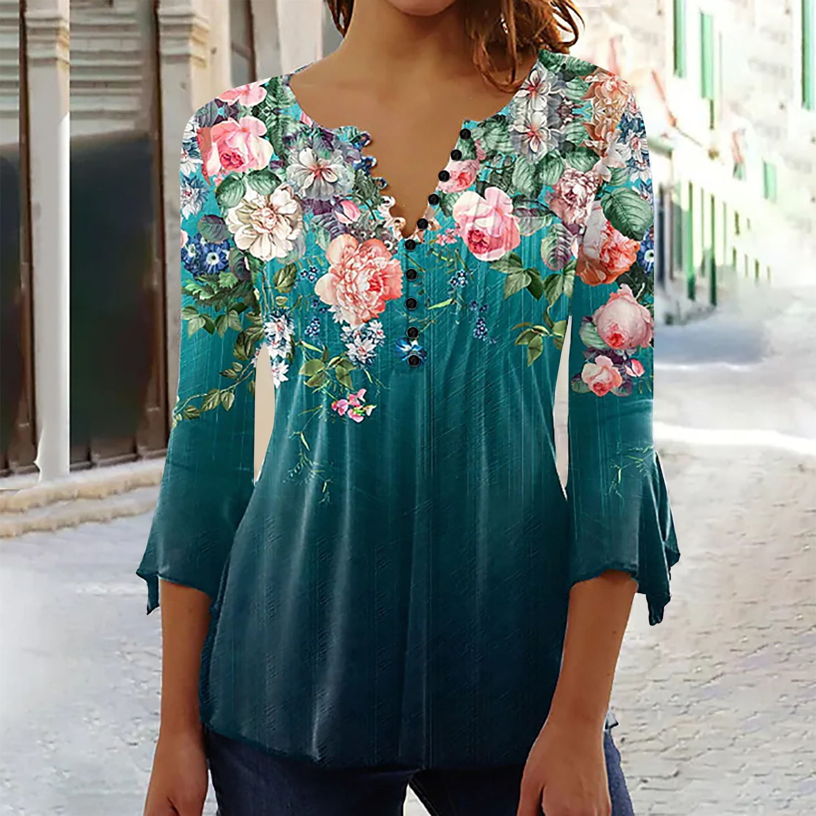 Womens Floral Tunic Tops 3/4 Sleeve V Neck Pleated Casual Tunic Blouse -  Multicolor White - C5185I230Z7