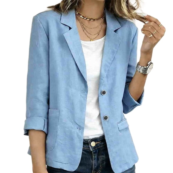 Staron Linen Blazer for Women Casual Button Down Notched Collar 3/4 Sleeve Loose Fit Business Work Jacket with Pockets, Light Blue S