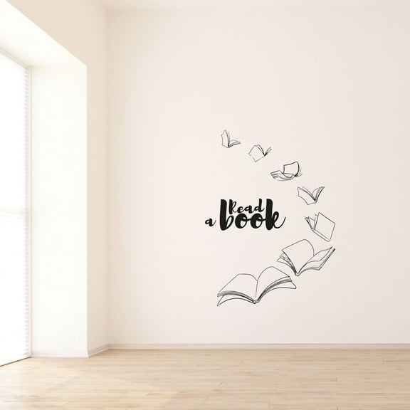 Read A Book - Quote Books Silhouette Reading Hobby Books Open Pages Vinyl Wall Art Wall Sticker Wall Decal Home Kids Library Area Living Room Boys Girls Kids Wall Decor Design Size (30x22 inch)