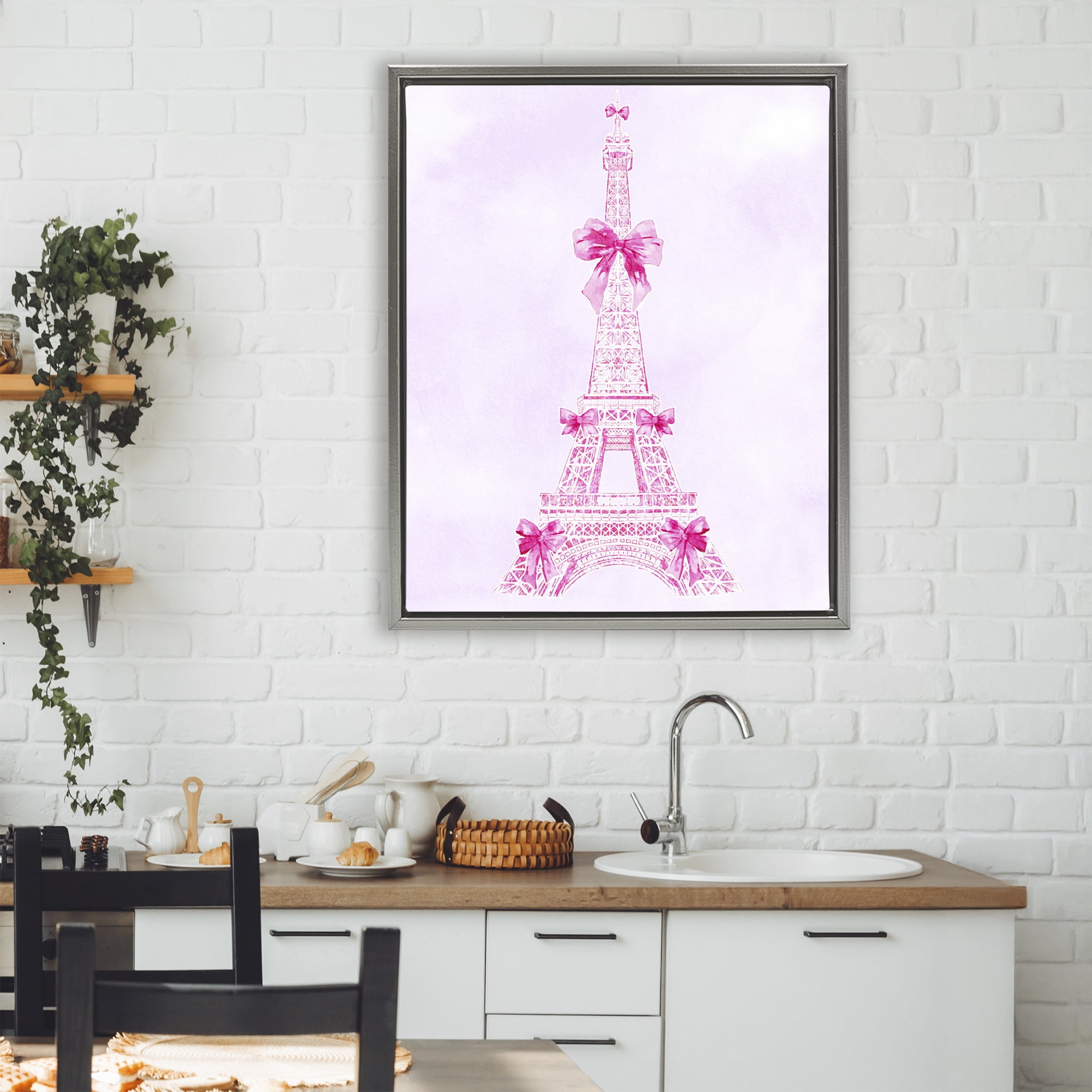 Stupell Industries Ribbon Bedecked Eiffel Tower Gray Framed Floater Canvas Wall Art, design by Ziwei Li