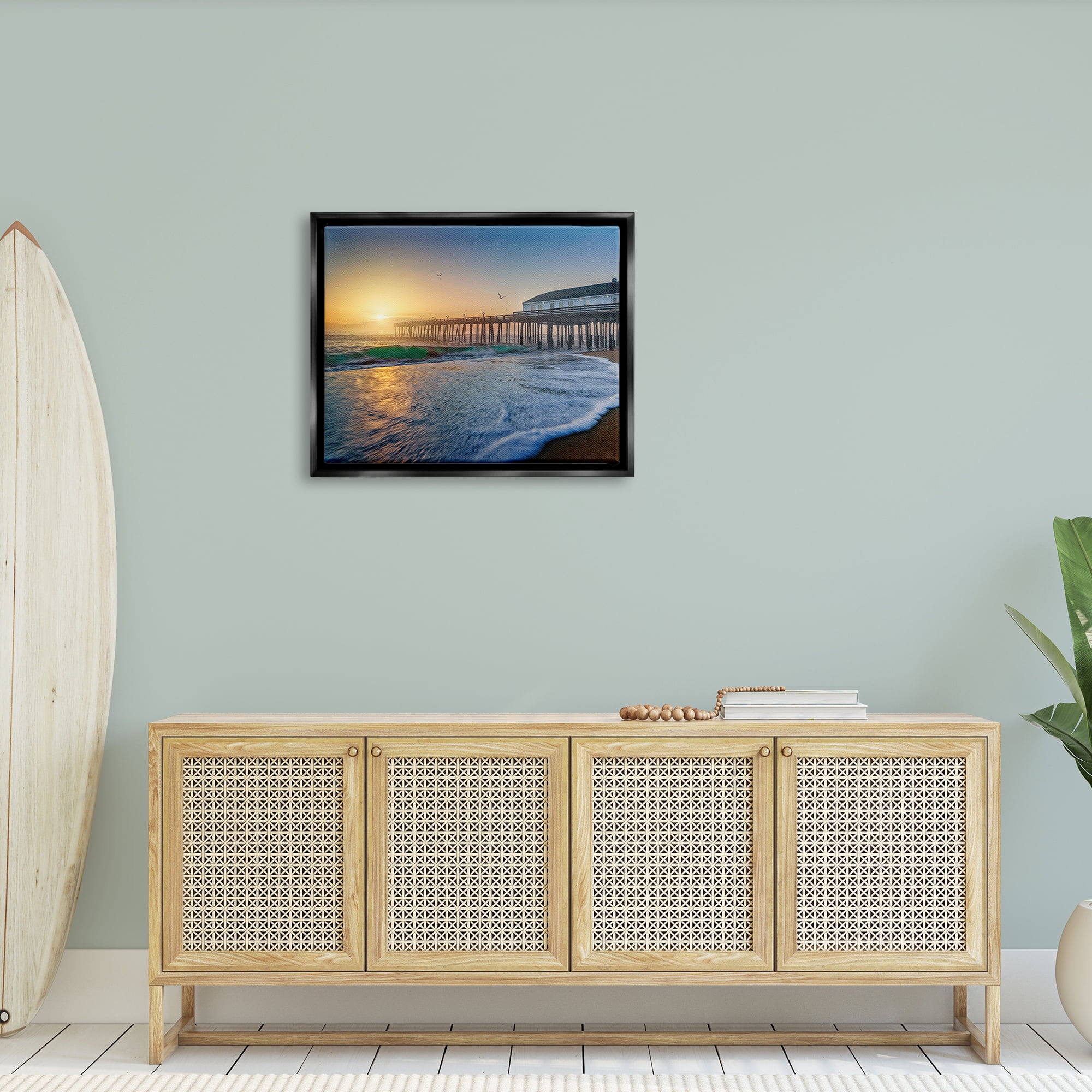 Stupell Sunlit Coastal Pier Ocean Foam Landscape Photography Black Floater Framed Art Print Wall Art