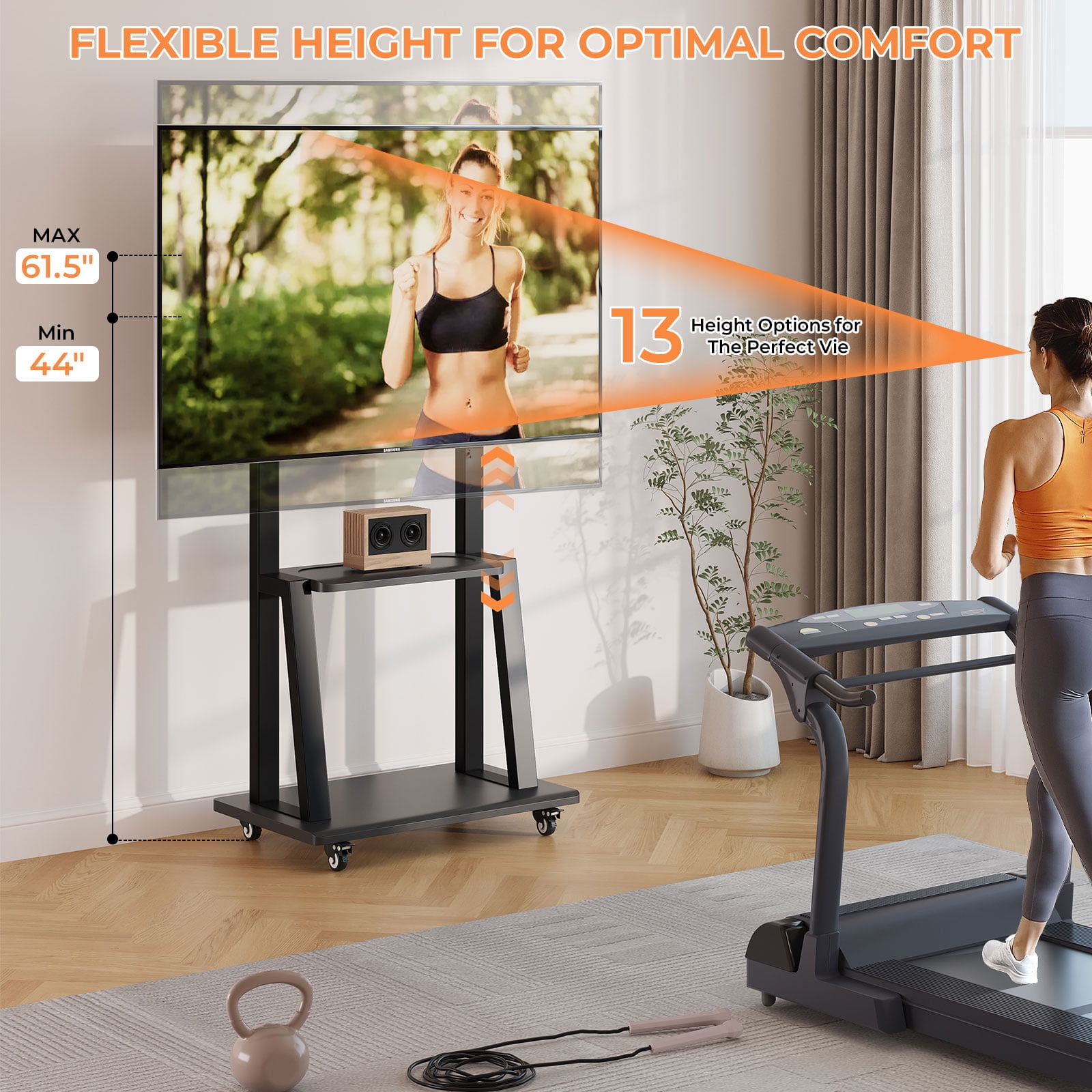 Rolling TV Stand with Storage Shelf for 32-75'' Screen, Mobile TV Stand Height Adjustable Entertainment Center for Living Room Bedroom Office