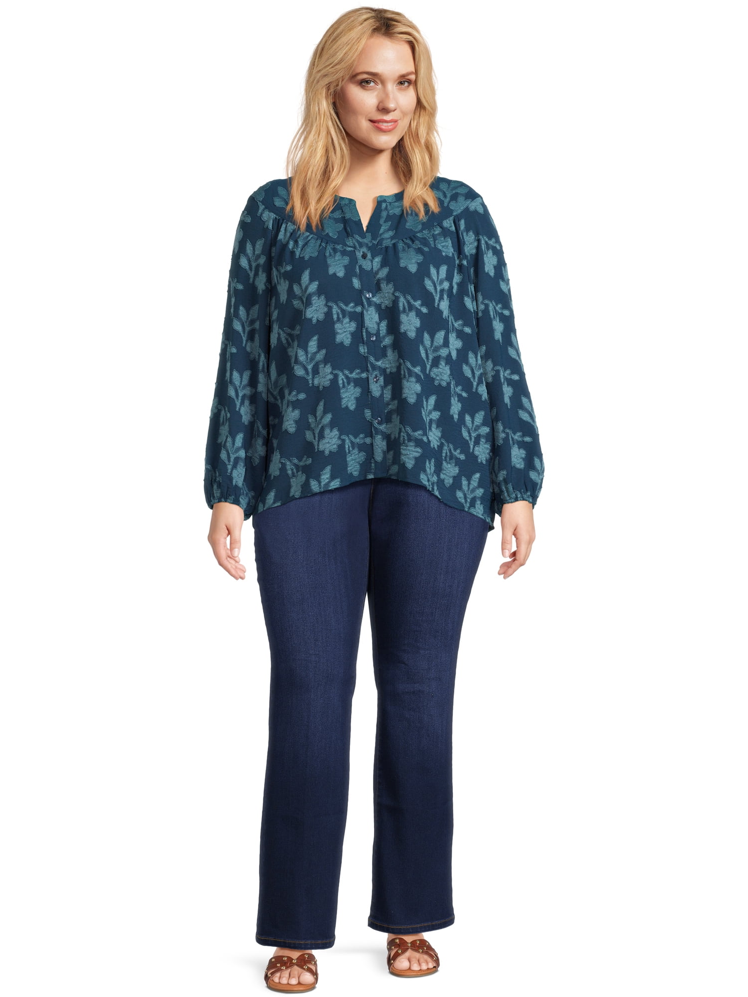 The Pioneer Woman Pull On Embroidered Bootcut Jeans, 32” Inseam, Sizes XS-3X, Women's and Women's Plus
