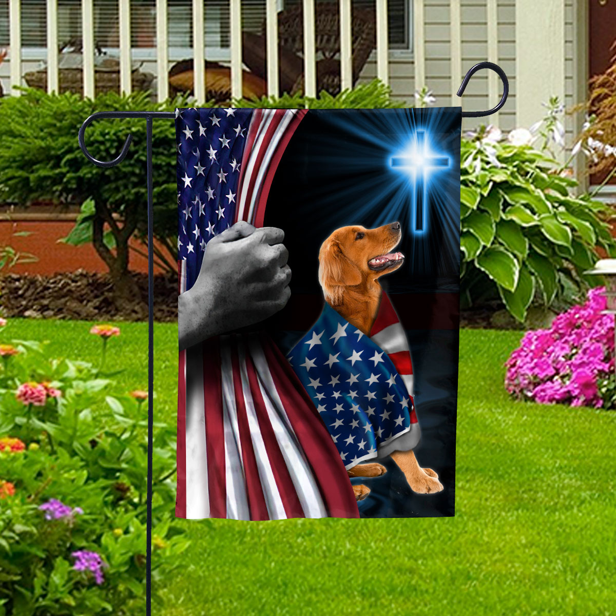 Hand Pulling USA Flag Golden Dog Wearing Flag American Standing under Cross Christian Patriotic House Flag (3x5) Double Sided- Premium Polyester-Decorative Indoor Outdoor Flag