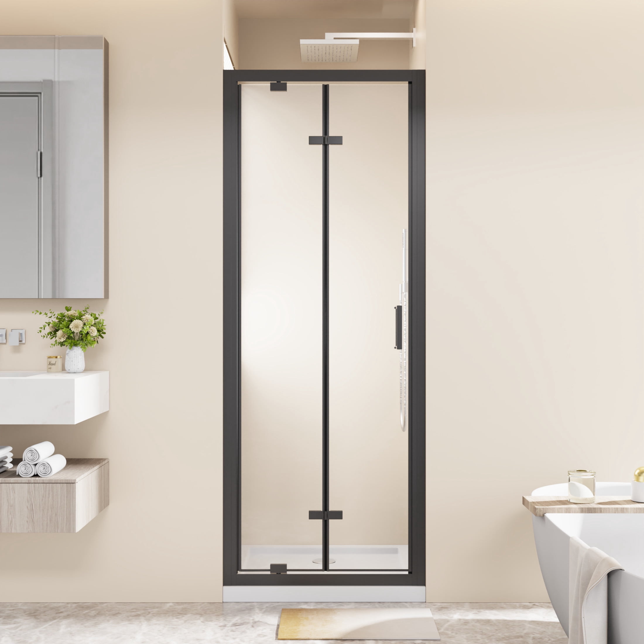 Noble House 28" x 72" Framed Bi-fold Pivot Shower Door, Clear Tempered Glass Space-Saving Folding Door, Matt Black