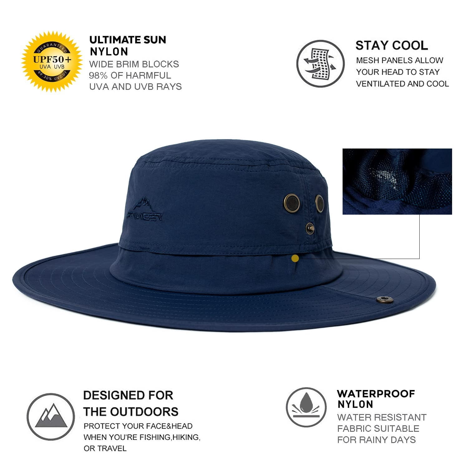 TOP-EX Oversize XL XXL Large Waterproof UPF 50+ Wide Brim Mens Sun Safari Fishing Hiking Hat with Chin Strap Navy Blue Large X-Large