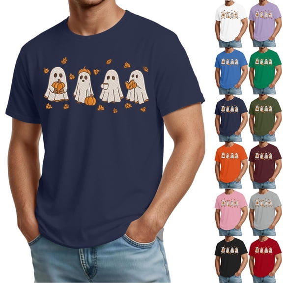Halloween Shirts for Men Cute Ghost Print Halloween T Shirts Plus Size Short Sleeve Holiday Halloween Tees