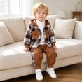 thumbnail image 6 of RMGVDSD Toddler Boys Fall Clothes Plaid Shirt Hooded Sweatshirt With Pocket Long Sleeve Jacket Tops And Casual Pants Two Piece Outfits Set 12-18 Months, 6 of 9