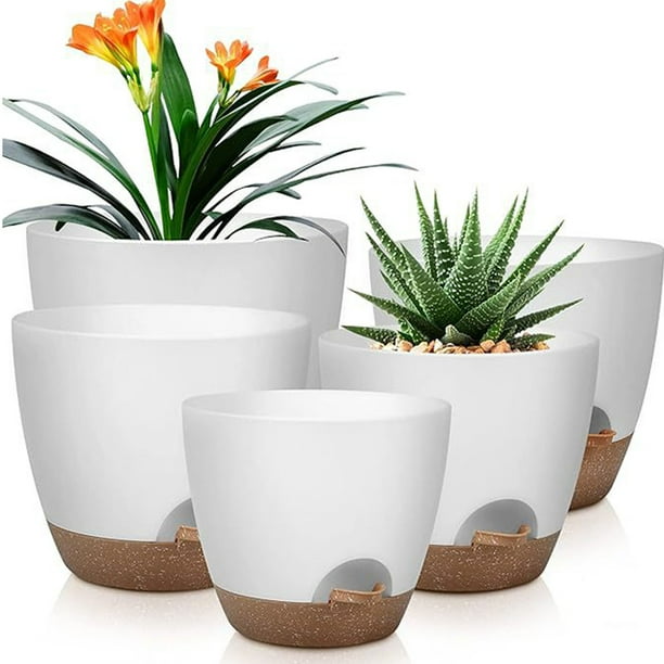 Wosthever Juego de 5 macetas de plástico para flores, diseñadas para interiores y exteriores, con autorriego. Jardín y Patio B
