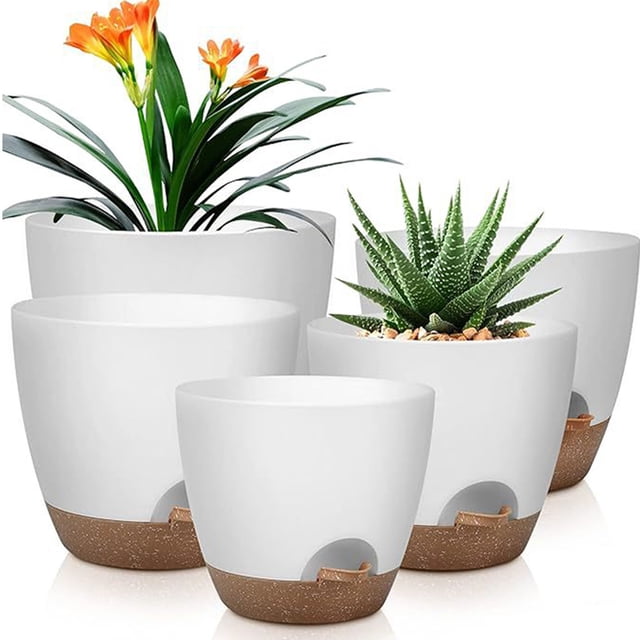 Wosthever Juego de 5 macetas de plástico para flores, diseñadas para interiores y exteriores, con autorriego. Jardín y Patio B