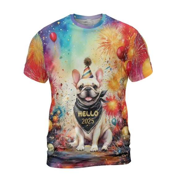 Hello 2025 French Bulldog Celebrates Happy New Year Firework Balloon All Over Print 3D Shirt Unisex Merch Dog Lover Gifts - 02024