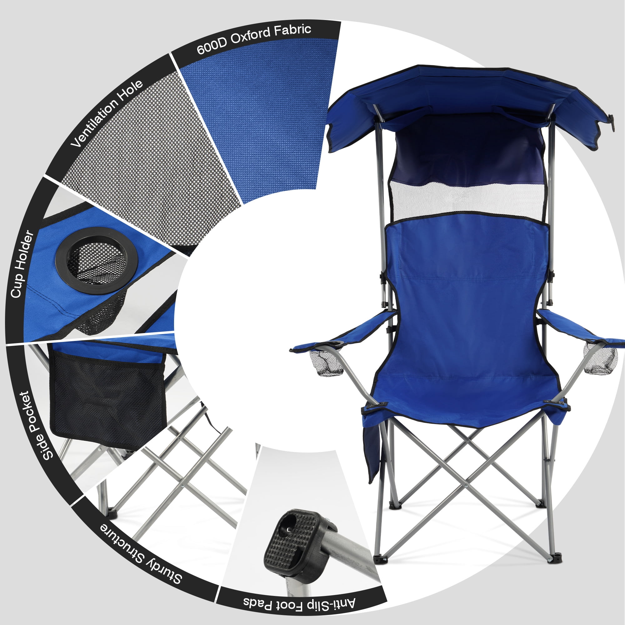 FlexWave Folding Camp Chair，Portable Outdoor Chair，with Shade & Cup Holder，for Camping, Beach, Fishing, and Sports Events