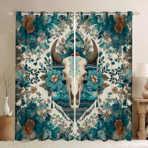jejeloiu Boho Exotic Style Curtains Pack of 2 (42x84 Each),Bohemian Bull Skull Curtains Blackout,Beige Cyan Bedroom Curtains For Boys Teens,Microfiber Bedroom Decor