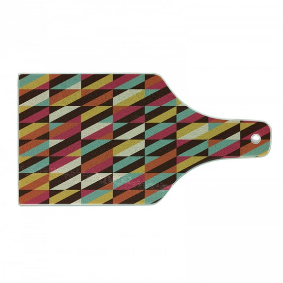 Abstract Cutting Board, Funky Geometric Square Boxes with Parallel Color Bars Triangles Stripes Retro, Decorative Tempered Glass Cutting and Serving Board, Wine Bottle Shape, Multicolor, by Ambesonne