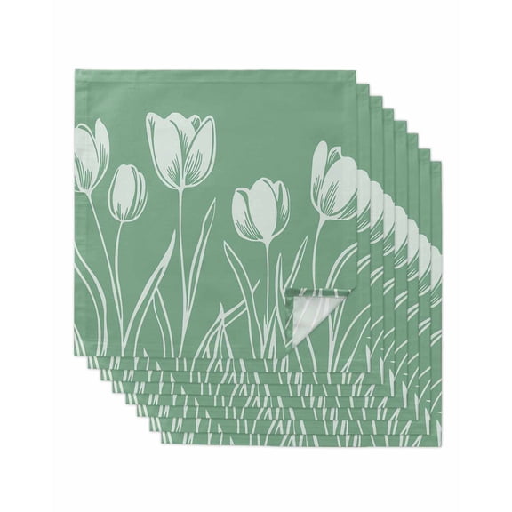 nqOlkjepod White Tulips Cloth Napkins Set of 8 Reusable Dinner Napkins, Spring Floral Summer Botanical Green Cocktail Napkin Washable Table Napkins for Wedding/Holiday Party/Baby Shower 20"x20"